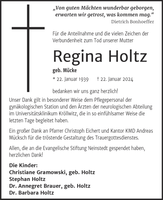 Traueranzeige von Regina Holtz von Mitteldeutsche Zeitung Halle/Saalkreis