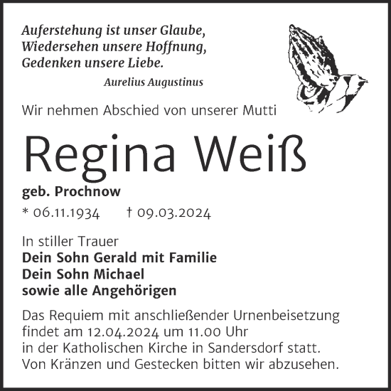 Traueranzeige von Regina Weiß von Trauerkombi Bitterfeld