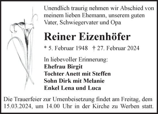 Traueranzeige von Reiner Eizenhöfer von Trauerkombi Bitterfeld