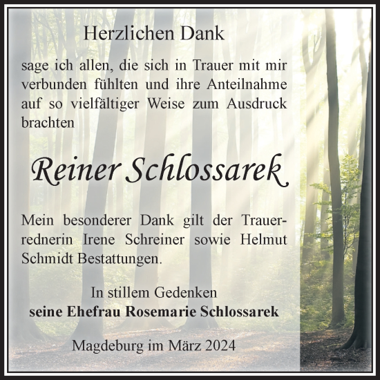 Traueranzeige von Reiner Schlossarek von Volksstimme Schönebeck
