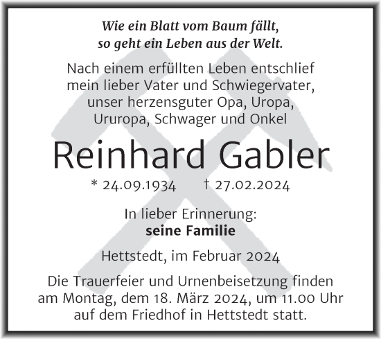 Traueranzeige von Reinhard Gabler von Trauerkombi Mansfelder Land