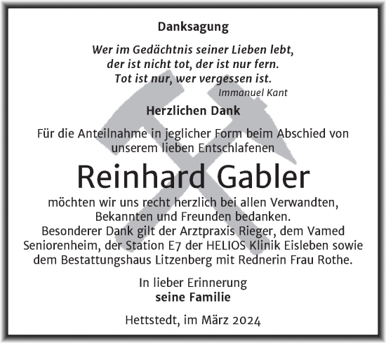 Traueranzeige von Reinhard Gabler von Trauerkombi Mansfelder Land