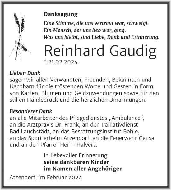 Traueranzeige von Reinhard Gaudig von Trauerkombi Merseburg