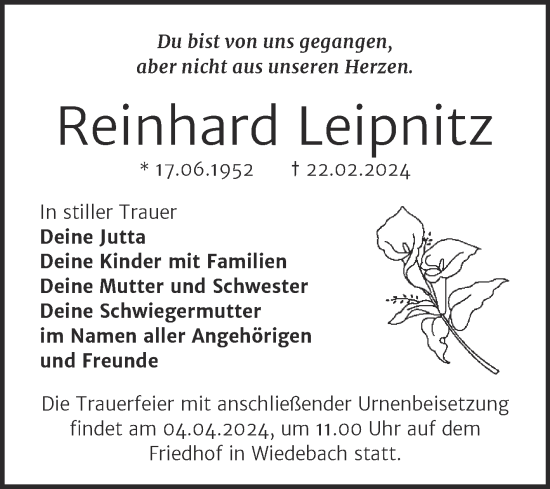Traueranzeige von Reinhard Leipnitz von Trauerkombi Weißenfels