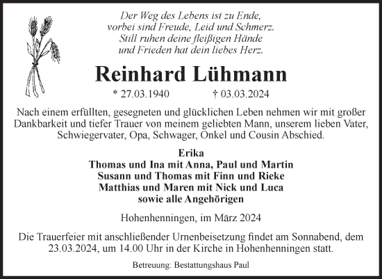 Traueranzeige von Reinhard Lühmann von Volksstimme Altmark West