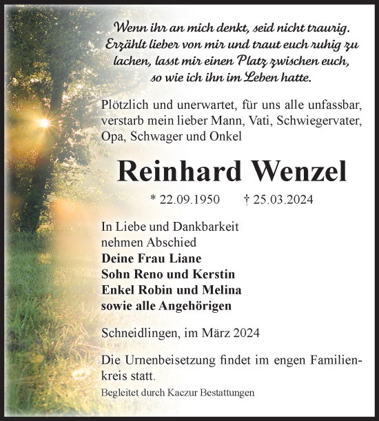 Traueranzeige von Reinhard Wenzel von Volksstimme Staßfurt