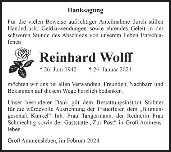Traueranzeige von Reinhard Wolff von Volksstimme Haldensleben/Wolmirstedt