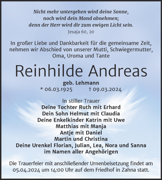 Traueranzeige von Reinhilde Andreas von Trauerkombi Wittenberg