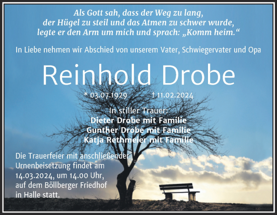 Traueranzeige von Reinhold Drobe von Mitteldeutsche Zeitung Halle/Saalkreis