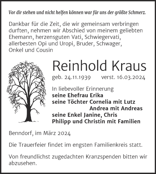 Traueranzeige von Reinhold Kraus von Trauerkombi Mansfelder Land