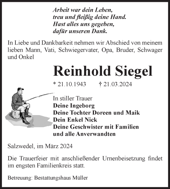 Traueranzeige von Reinhold Siegel von Volksstimme Altmark West