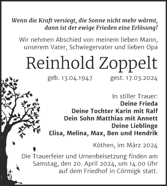 Traueranzeige von Reinhold Zoppelt von Trauerkombi Köthen