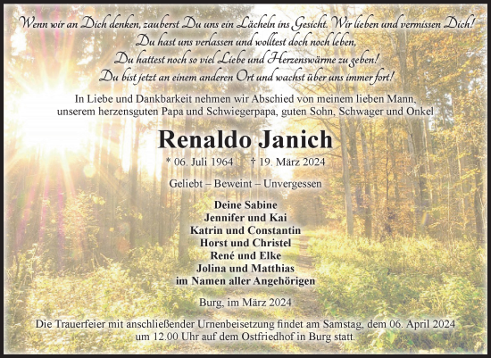 Traueranzeige von Renaldo Janich von Volksstimme Burg/Genthin