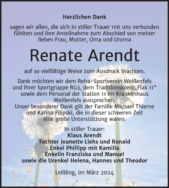 Traueranzeige von Renate Arendt von Trauerkombi Weißenfels