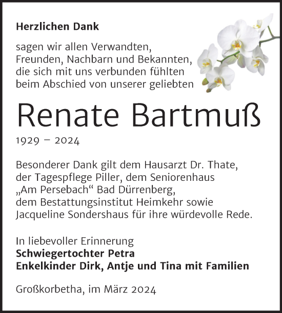 Traueranzeige von Renate Bartmuß von Trauerkombi Weißenfels