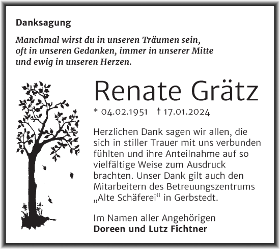 Traueranzeige von Renate Grätz von Trauerkombi Mansfelder Land