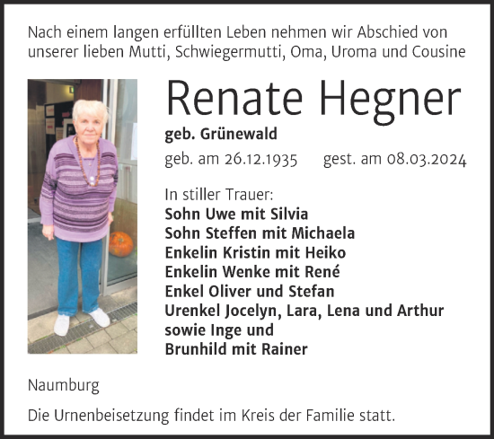 Traueranzeige von Renate Hegner von Naumburger Tageblatt