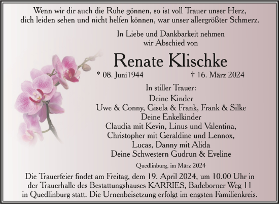 Traueranzeige von Renate Klischke von Trauerkombi Quedlinburg