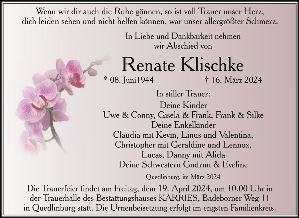  Traueranzeige für Renate Klischke vom 30.03.2024 aus Trauerkombi Quedlinburg