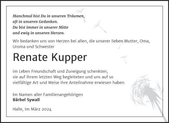 Traueranzeige von Renate Kupper von Mitteldeutsche Zeitung Halle/Saalkreis