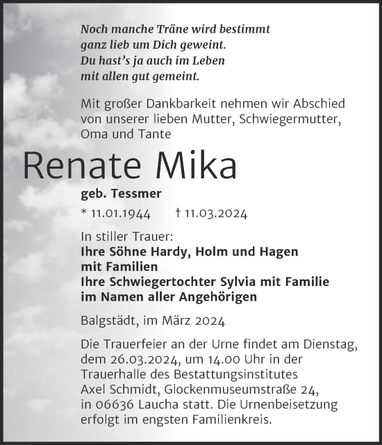 Traueranzeige von Renate Mika von Super Sonntag Naumburg/Nebra