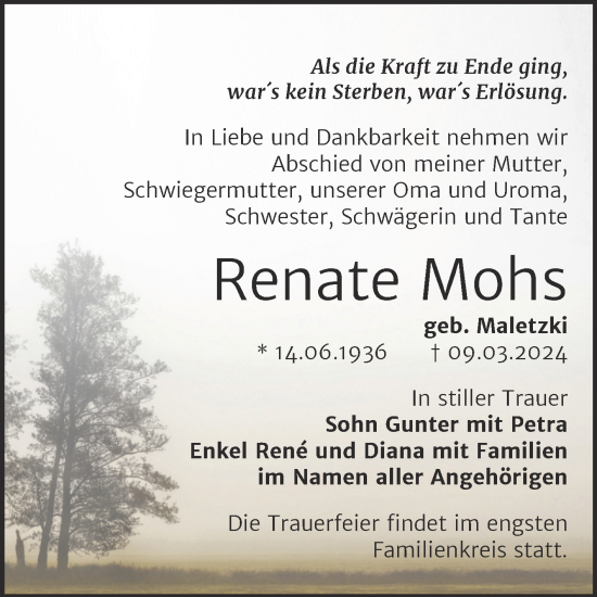 Traueranzeige von Renate Mohs von Trauerkombi Bernburg