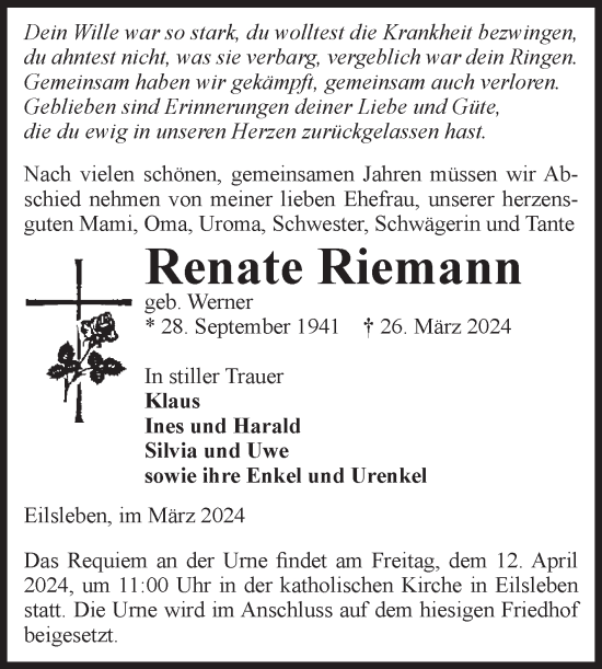 Traueranzeige von Renate Riemann von Volksstimme Oschersleben/Wanzleben