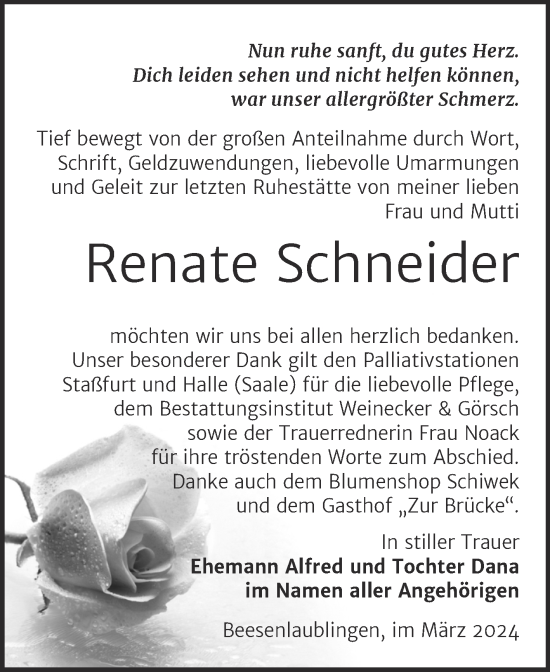 Traueranzeige von Renate Schneider von Trauerkombi Bernburg