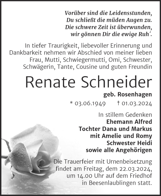 Traueranzeige von Renate Schneider von Trauerkombi Bernburg