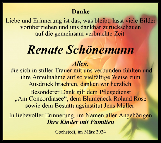 Traueranzeige von Renate Schönemann von Trauerkombi Aschersleben