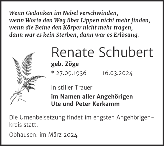 Traueranzeige von Renate Schubert von Trauerkombi Merseburg