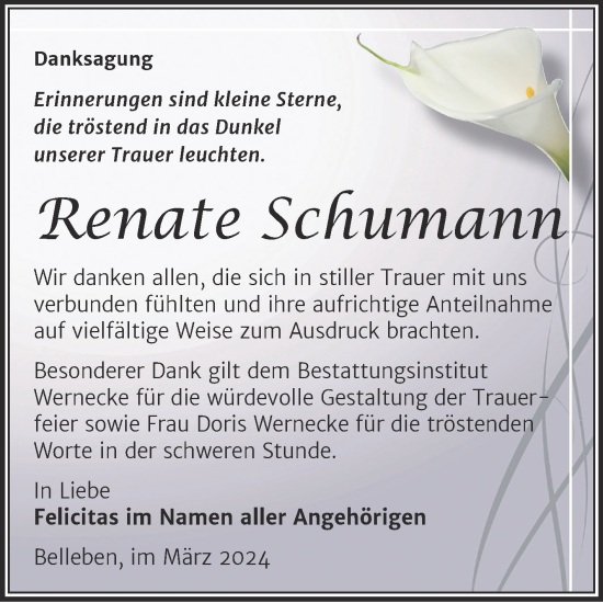 Traueranzeige von Renate Schumann von Trauerkombi Bernburg