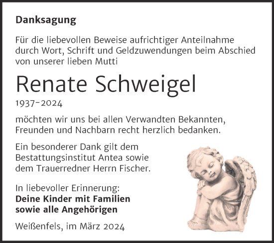 Traueranzeige von Renate Schweigel von Trauerkombi Weißenfels
