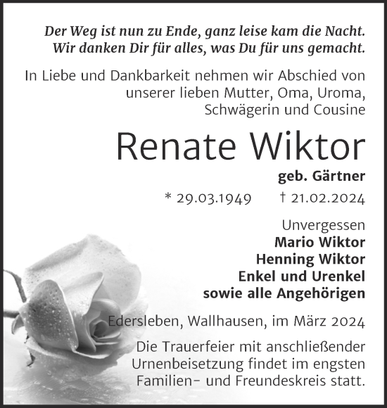 Traueranzeige von Renate Wiktor von Trauerkombi Sangerhausen