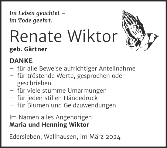 Traueranzeige von Renate Wiktor von Trauerkombi Sangerhausen