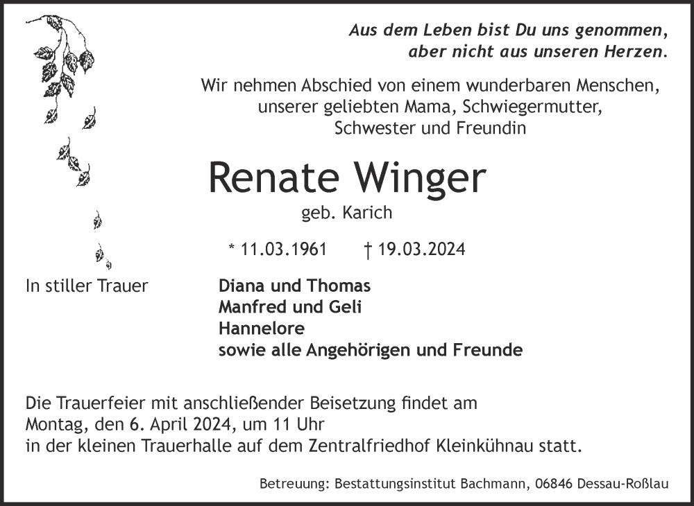  Traueranzeige für Renate Winger vom 30.03.2024 aus Trauerkombi Dessau