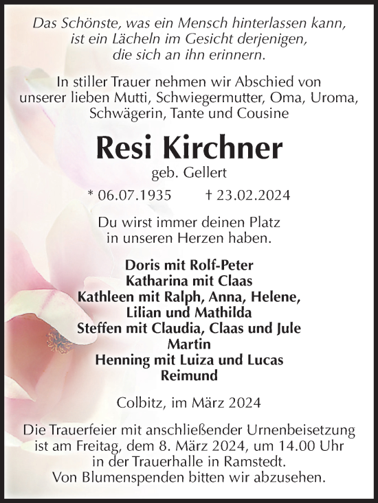 Traueranzeige von Resi Kirchner von Volksstimme Haldensleben/Wolmirstedt