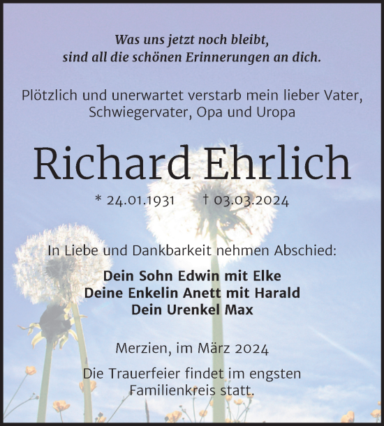 Traueranzeige von Richard Ehrlich von Trauerkombi Köthen