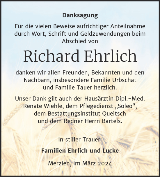 Traueranzeige von Richard Ehrlich von Trauerkombi Köthen