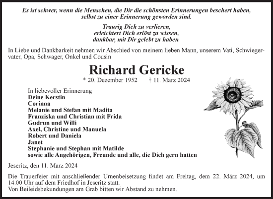 Traueranzeige von Richard Gericke von Volksstimme Altmark West