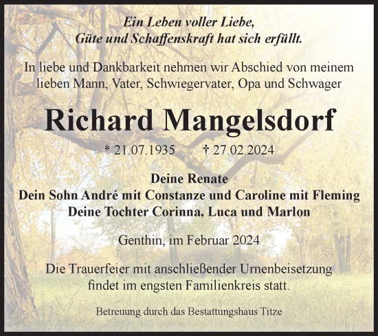 Traueranzeige von Richard Mangelsdorf von Volksstimme Burg/Genthin