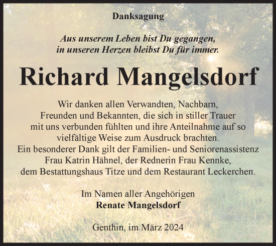 Traueranzeige von Richard Mangelsdorf von Volksstimme Burg/Genthin