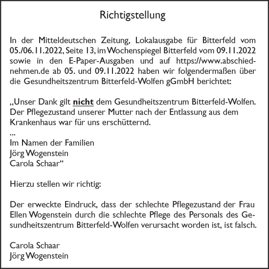 Traueranzeige von Richtigstellung  von Trauerkombi Bitterfeld