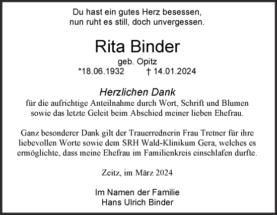 Traueranzeige von Rita Binder von Trauerkombi Zeitz