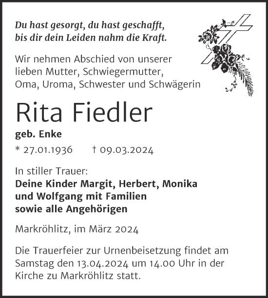 Traueranzeige von Rita Fiedler von Trauerkombi Weißenfels