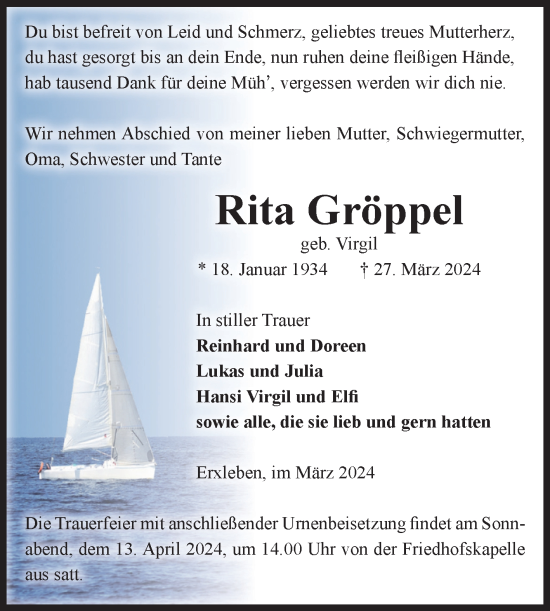 Traueranzeige von Rita Gröppel von Volksstimme Haldensleben/Wolmirstedt