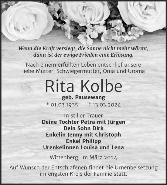 Traueranzeige von Rita Kolbe von Trauerkombi Wittenberg