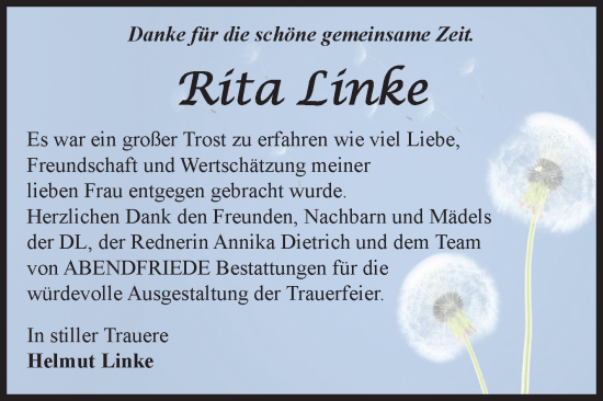 Traueranzeige von Rita Linke von Volksstimme Magdeburg