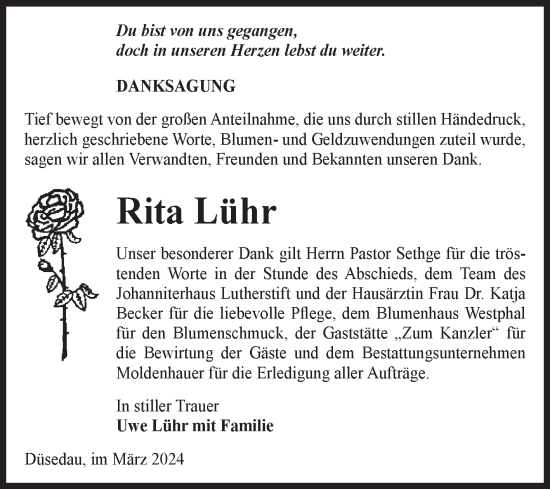 Traueranzeige von Rita Lühr von Volksstimme Altmark Ost