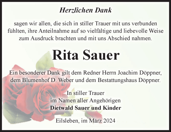 Traueranzeige von Rita Sauer von Volksstimme Oschersleben/Wanzleben
